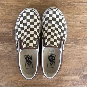 Dark Brown checkered slip on vans in size women’s 6.5